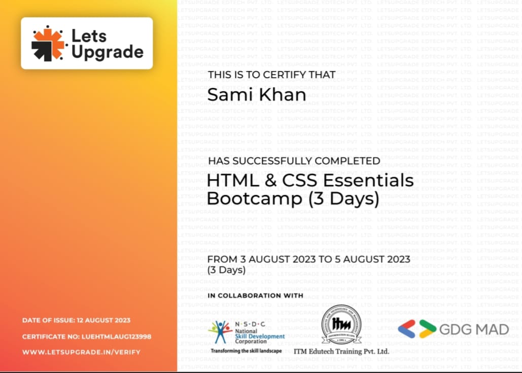 HTML and CSS Bootcamp Certificate